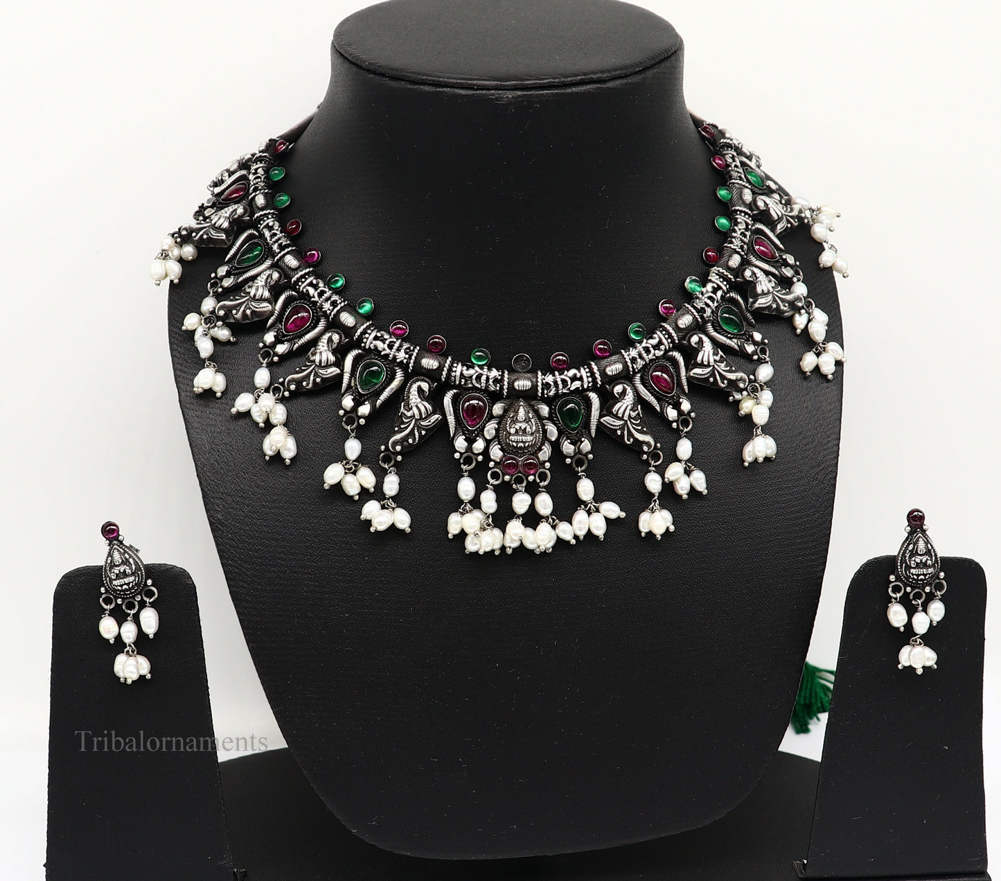 Sterling silver Goddess Laxmi necklace with hanging pearls, vintage tribal style, perfect for brides and belly dance jewelry.