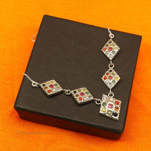 925 sterling silver Navratan stone tribal necklace with vintage design, ideal for ethnic jewelry and belly dance accessories.