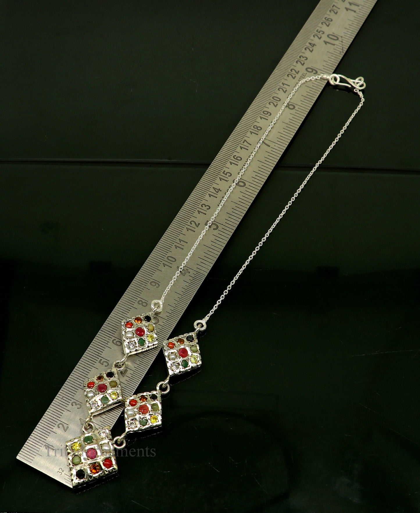 Sterling silver Navratan stone vintage necklace with tribal and ethnic design, ideal for tribal jewelry and belly dance accessories.