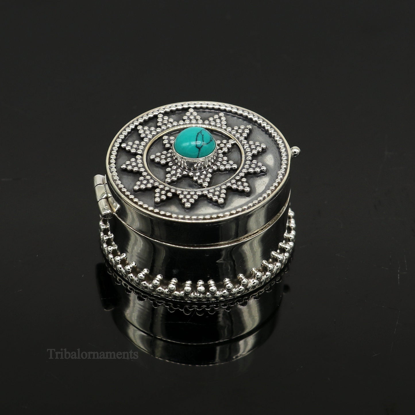 925 sterling silver Stunning Rava work design turquoise stone trinket box, Sindoor box, brides gift collection silver stunning box stb222 - TRIBAL ORNAMENTS