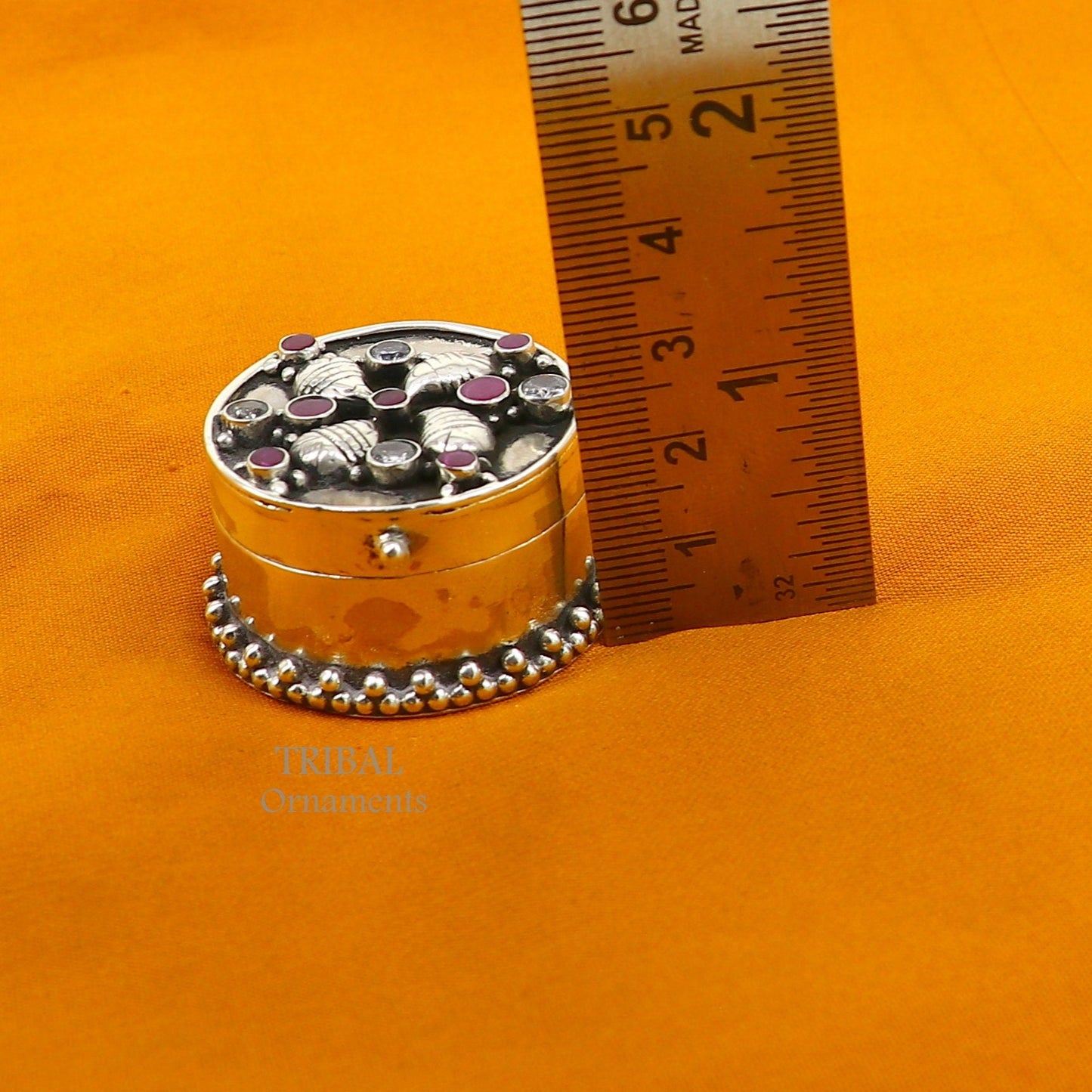 925 sterling silver Stunning stone work design cz stone trinket box, kajal eyeliner box, Sindur box brides gift silver box stb745 - TRIBAL ORNAMENTS