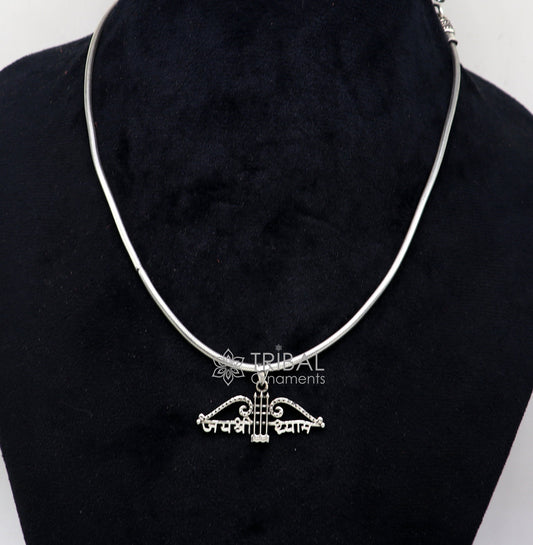 925 sterling silver Khatushyam ji Dhanush pendant with "Jai Shree Shyam" design, suitable for unisex jewelry, by Tribal Ornaments.