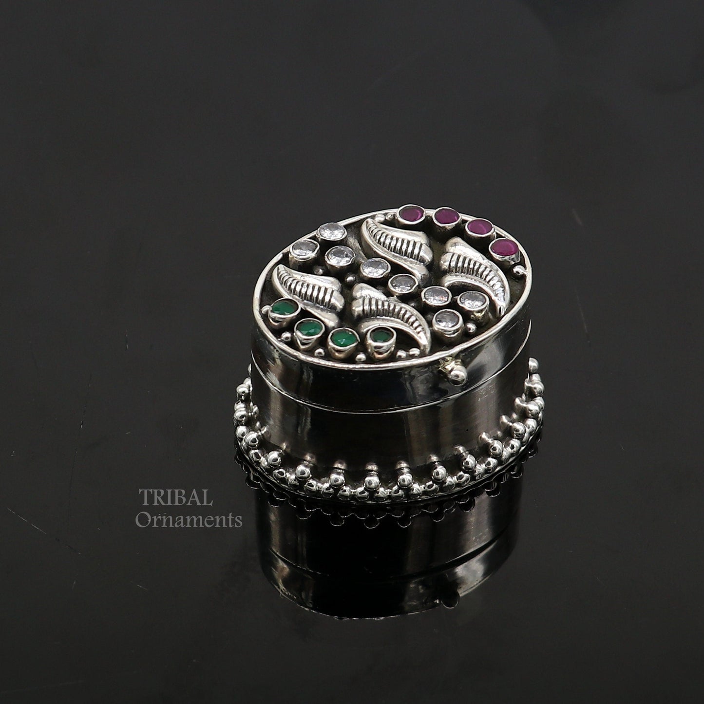 925 sterling silver trinket box with unique stonework, used as kajal eyeliner or sindur box, crafted by TRIBAL ORNAMENTS.