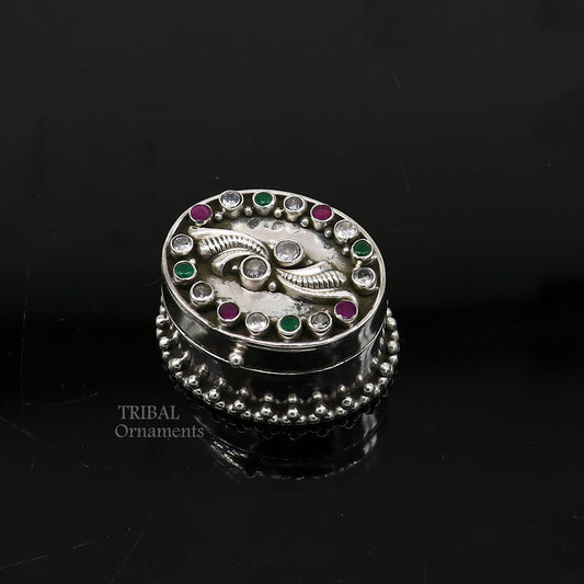 925 sterling silver unique design stone work trinket box, kajal eyeliner box, Sindur box brides gift silver box stb752 - TRIBAL ORNAMENTS