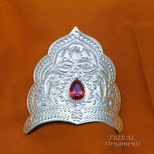 925 sterling silver vintage antique design handmade mukut (crown), amazing design silver god crown home temple god art su871 - TRIBAL ORNAMENTS