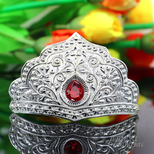 925 sterling silver vintage antique design handmade mukut (crown), amazing peacock design silver god crown home temple god art su872 - TRIBAL ORNAMENTS