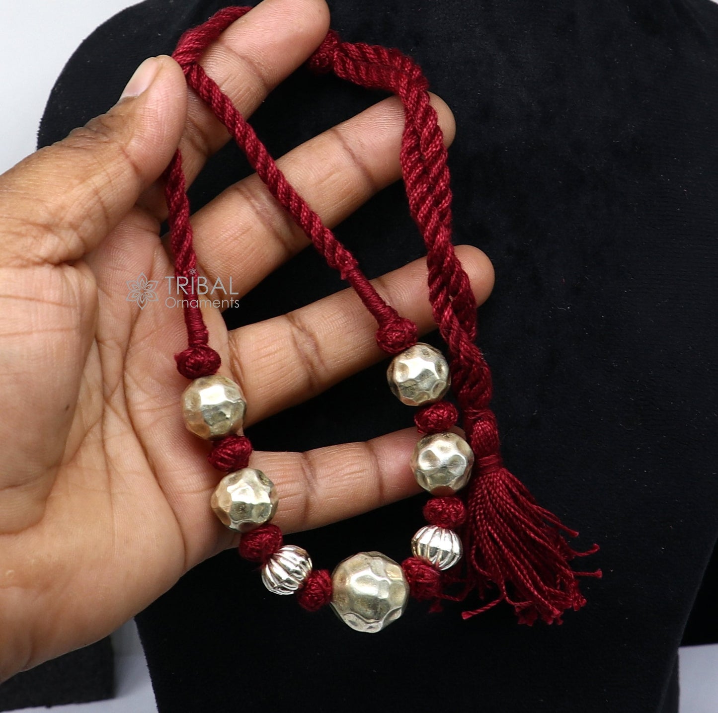 Sterling silver vintage beaded necklace by TRIBAL ORNAMENTS, stylish ethnic choker perfect for bridal and wedding jewelry sets.