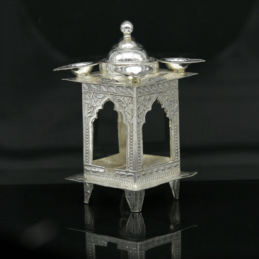 Sterling silver handmade amazing design home mini temple with oil lamp, amazing handcrafting work home decor temple art figurine sst12 - TRIBAL ORNAMENTS
