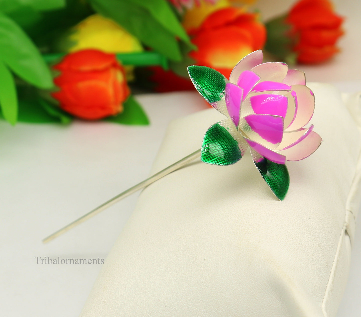 Solid sterling silver handmade small lotus flower puja god temple article, excellent customized enamel silver worshipping articles su451 - TRIBAL ORNAMENTS