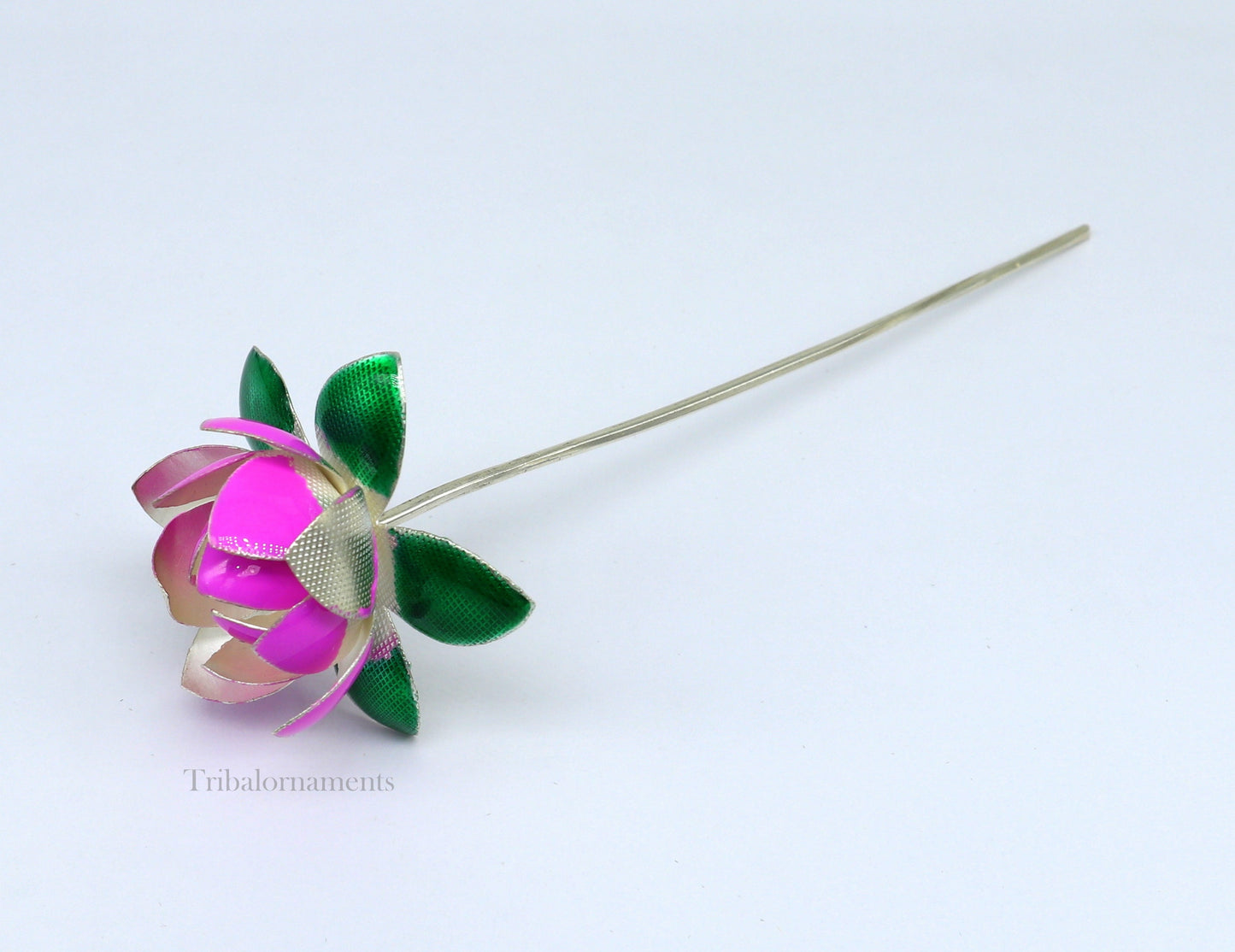 Solid sterling silver handmade small lotus flower puja god temple article, excellent enamel silver diwali puja flower articles su549 - TRIBAL ORNAMENTS