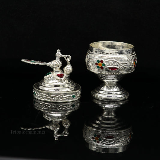 Solid sterling silver vintage peacock design handmade brides eyes kajal box, surma box, kumkum sindur box, small trinket box article stb248 - TRIBAL ORNAMENTS