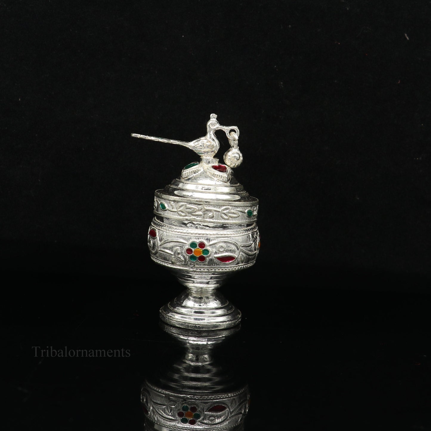 Solid sterling silver vintage peacock design handmade brides eyes kajal box, surma box, kumkum sindur box, small trinket box article stb248 - TRIBAL ORNAMENTS