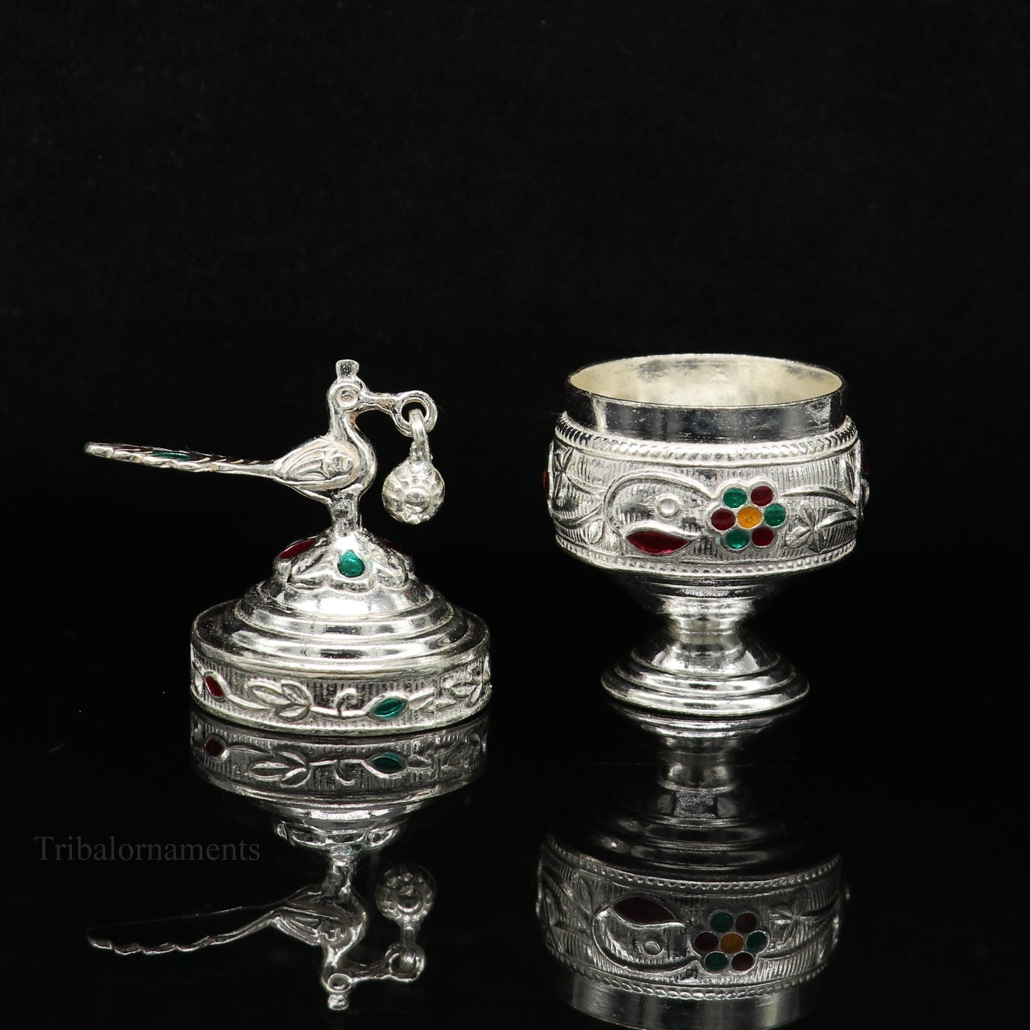 Solid sterling silver vintage peacock design handmade brides eyes kajal box, surma box, kumkum sindur box, small trinket box article stb249 - TRIBAL ORNAMENTS