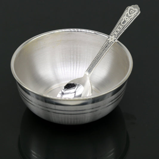999 fine silver handmade silver bowl and spoon set, silver has antibacterial properties,stay baby/kids healthy, silver vessels utensils sv43 - TRIBAL ORNAMENTS