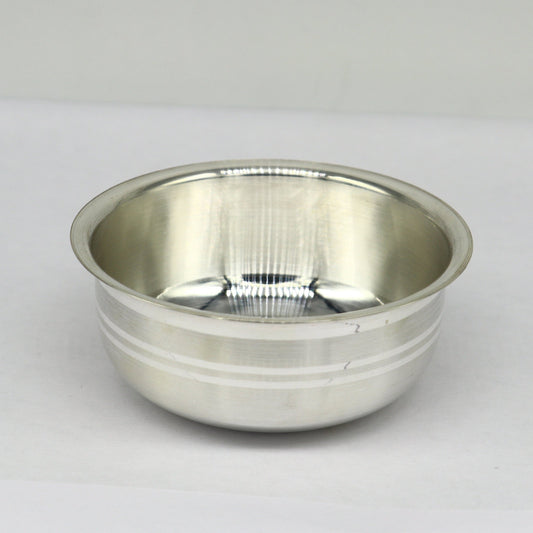Handmade 999 fine silver baby food bowl and utensils set by Tribal Ornaments, traditional silver kitchen and puja article.