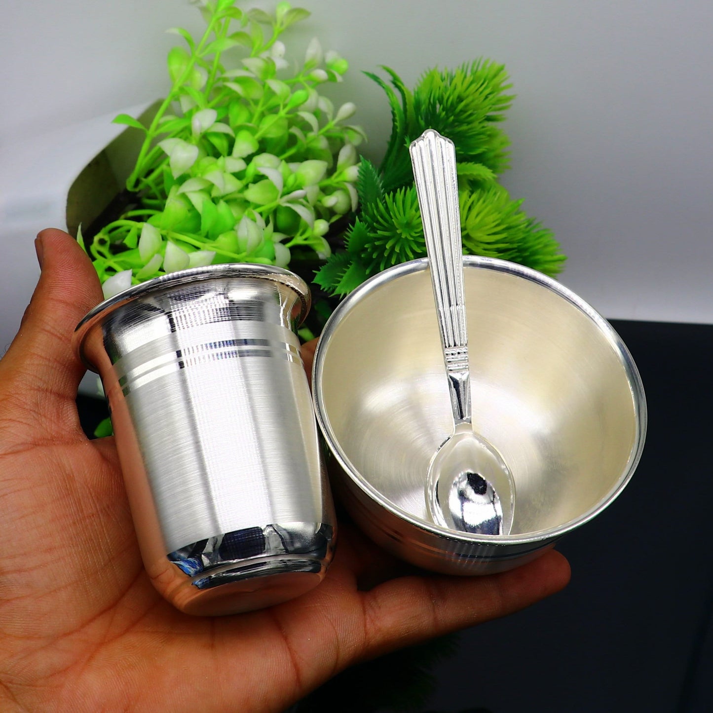 999 fine silver water milk glass and bowl, silver tumbler silver spoon, silver utensils, silver baby set serving food utensils sv200 - TRIBAL ORNAMENTS