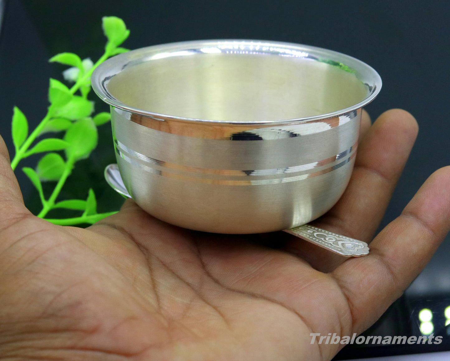 999 fine solid silver handmade bowl tray for baby food, pure silver vessels, silver utensils, home and kitchen accessories india sv28 - TRIBAL ORNAMENTS