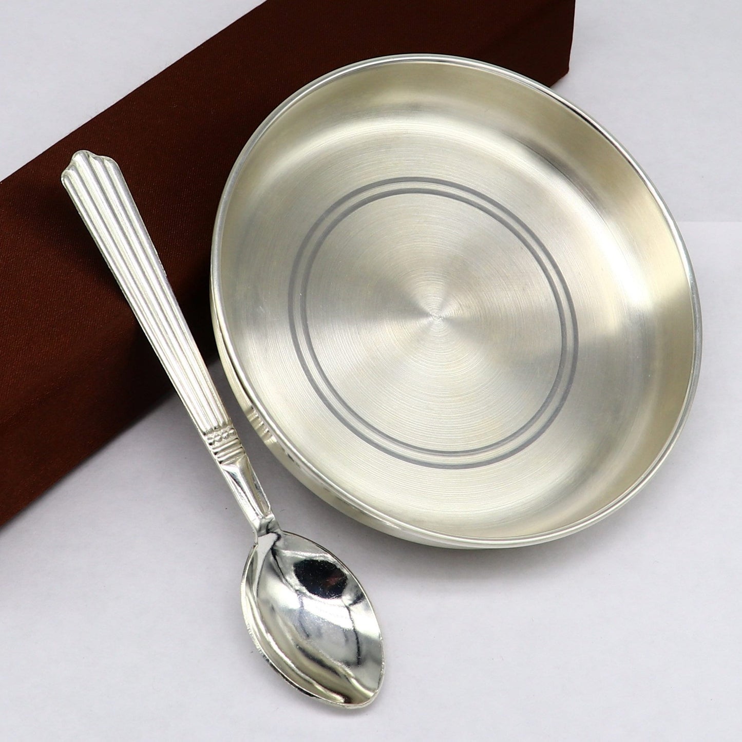 999 fine solid silver handmade tray/ plate for baby food serving, silver vessels, silver utensils,best new born baby gift india sv212 - TRIBAL ORNAMENTS