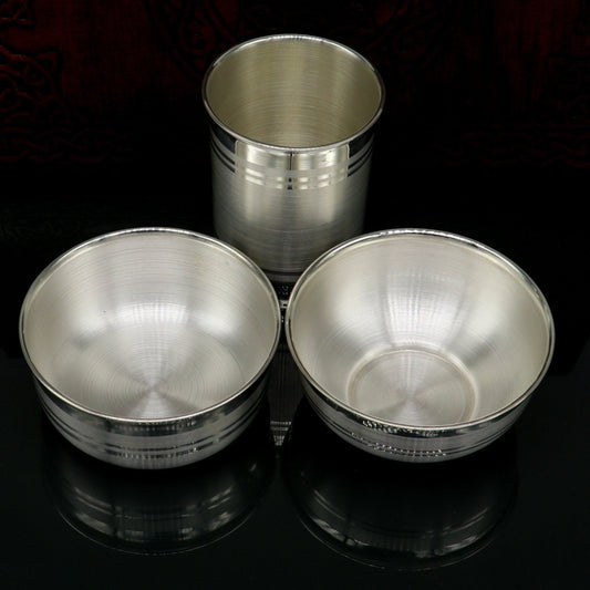 999 pure silver combo of two different design bowl and glass, silver vessel, silver baby utensils, silver puja article, puja utensils sv109 - TRIBAL ORNAMENTS