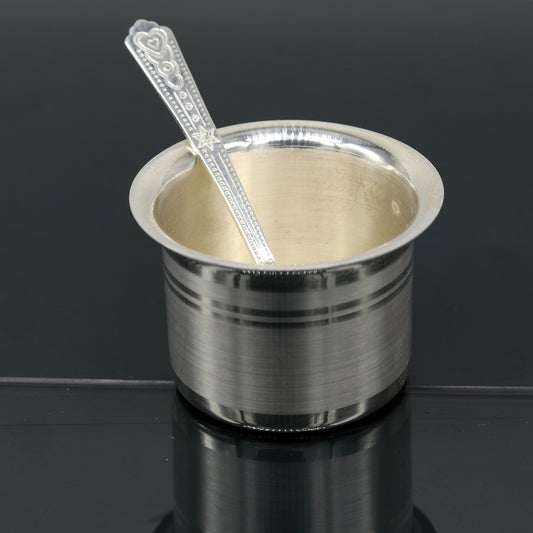 999 pure silver handmade solid bowl and spoon, silver baby feeding set tumbler bowl, stay healthy, silver utensils for rice ceremony sv79 - TRIBAL ORNAMENTS