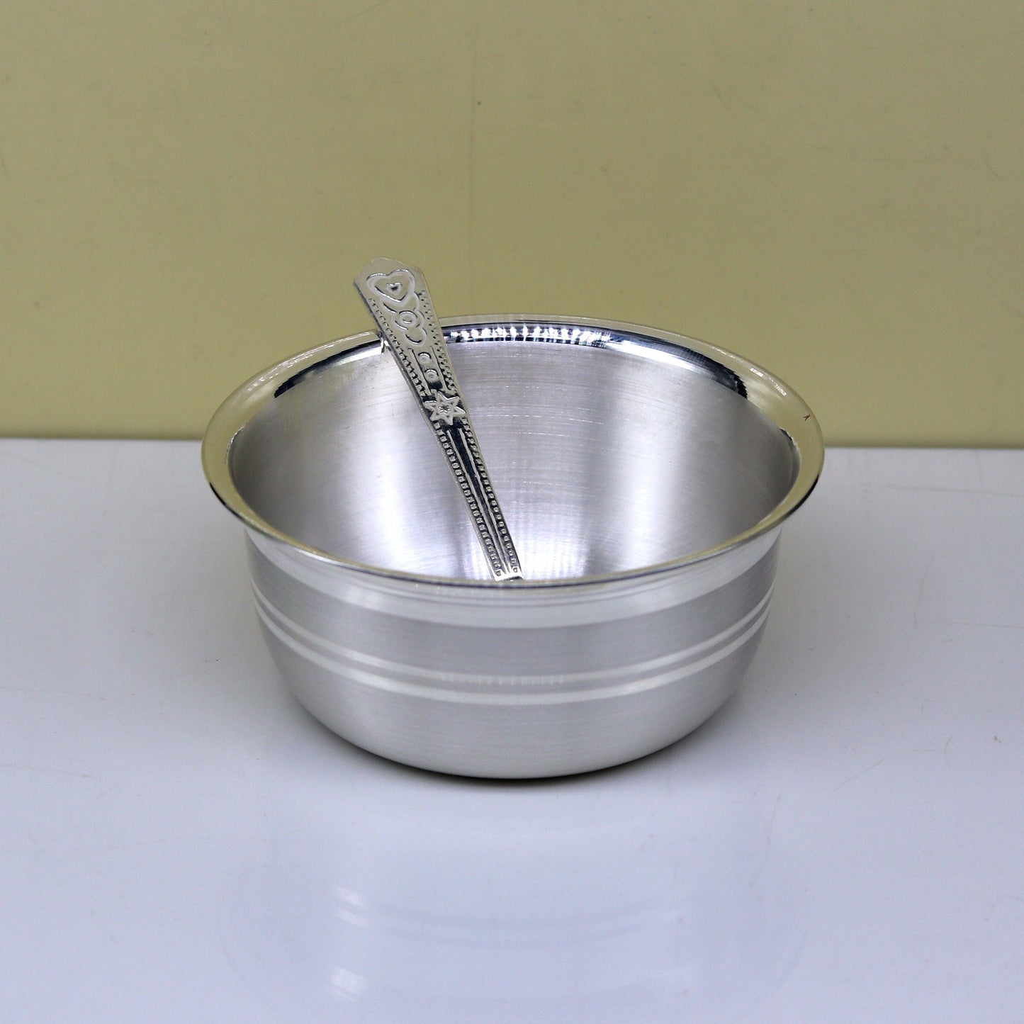 999 pure silver handmade solid bowl and spoon, table serving bowl, silver vessels, food serving utensils, silver kitchen art baby set sv85 - TRIBAL ORNAMENTS