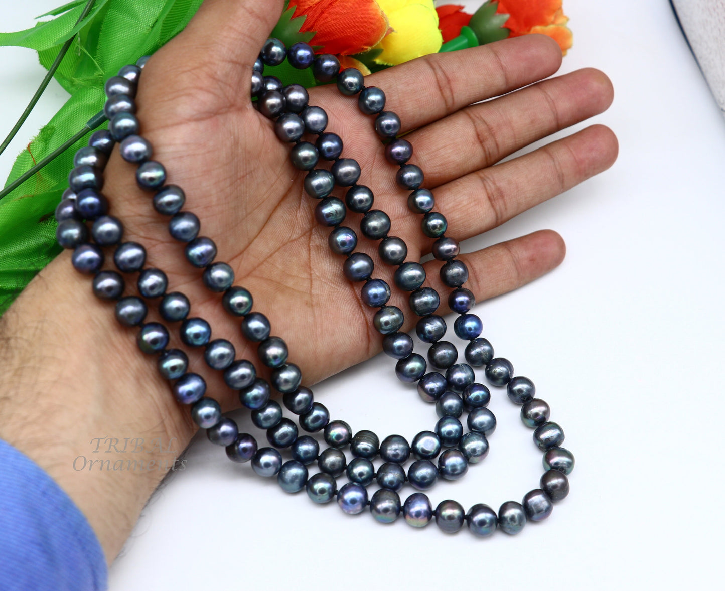 Dark gray 9mm freshwater pearl beaded necklace chain by TRIBAL ORNAMENTS, 48 inches long, elegant jewelry for brides and grooms.