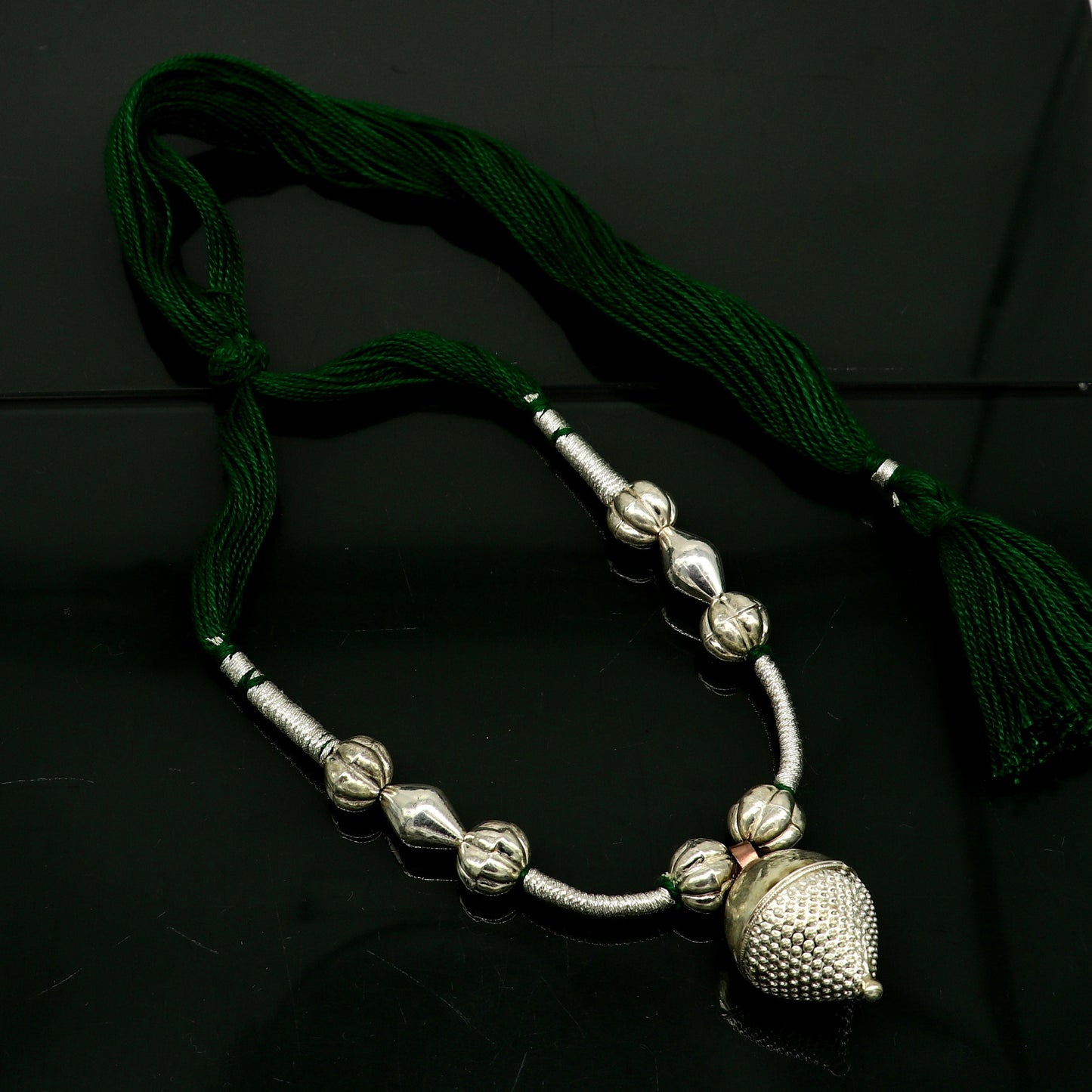 Vintage-style sterling silver beads and green thread charm necklace, tribal adjustable wedding choker jewelry set by TRIBAL ORNAMENTS