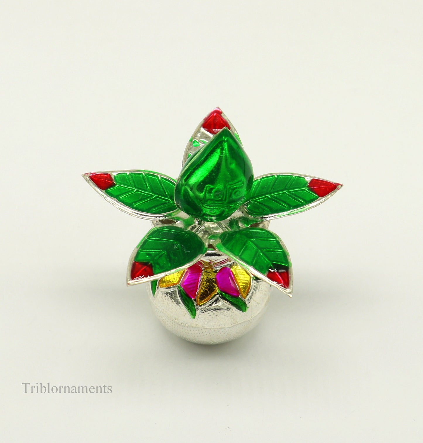 Solid sterling silver handmade puja kalash with leaf, ideal for home temple worship, crafted by Tribal Ornaments.