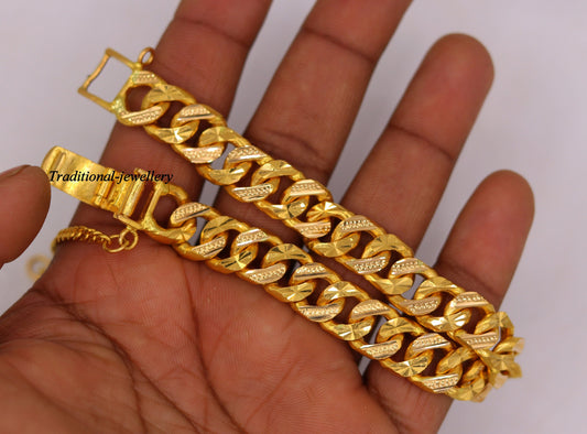 Authentic 22kt yellow gold handmade Cuban link bracelet with diamond-cut design, solid gold jewelry for men by Tribal Ornaments.