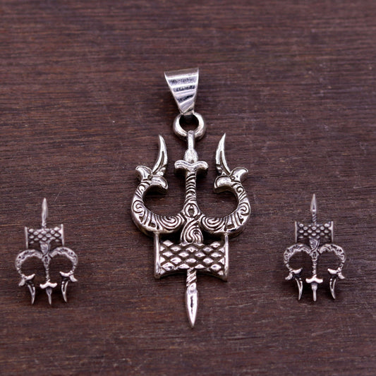 Awesome pretty design Lord Shiva trident shape pendant with tiny trident stud 925 sterling silver amazing fabulous set tribal jewelry nsp231 - TRIBAL ORNAMENTS