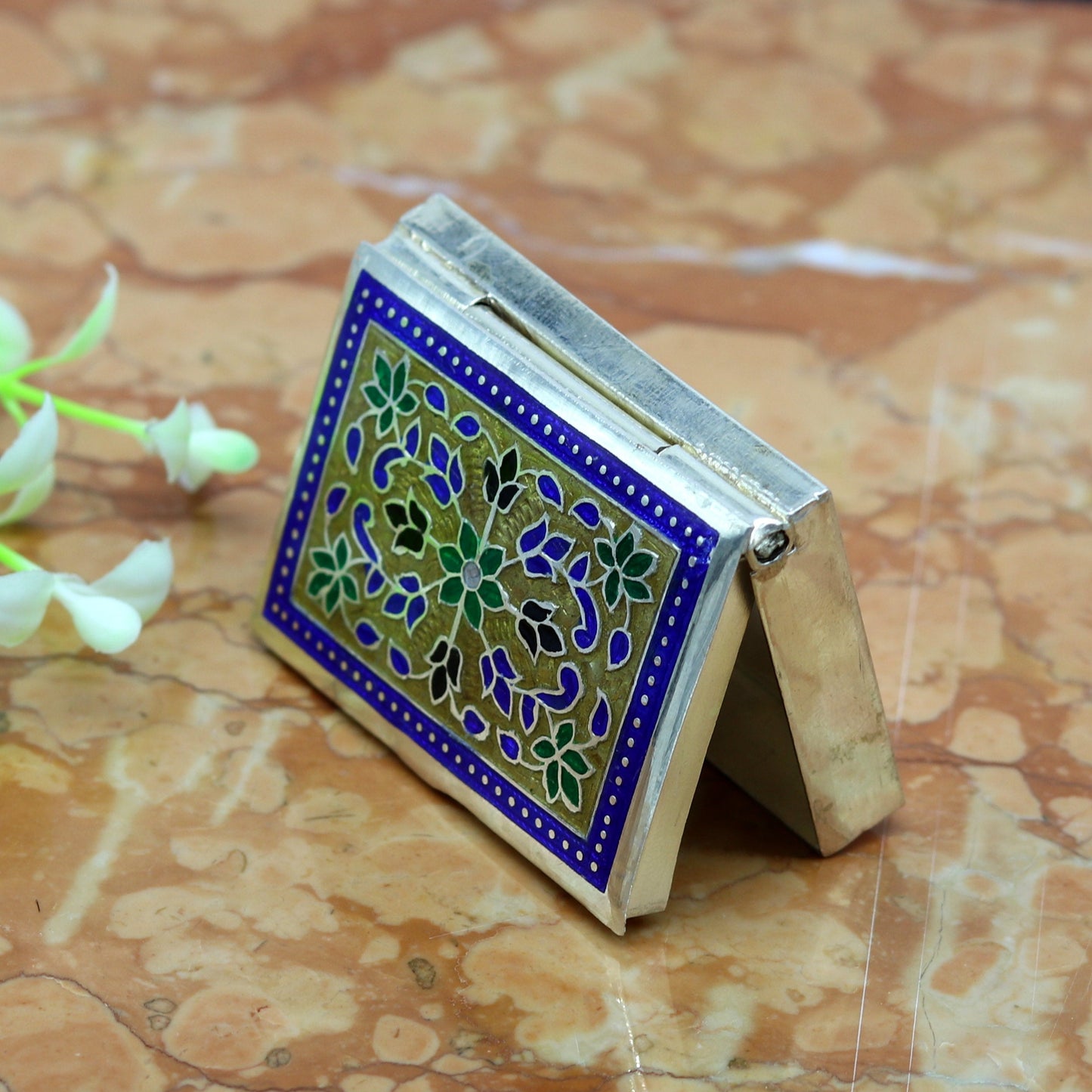 Awesome vintage style 925 pure silver green floral enamel work trinket box, jewelry box, pills box, silver articles brides gifting stb22 - TRIBAL ORNAMENTS