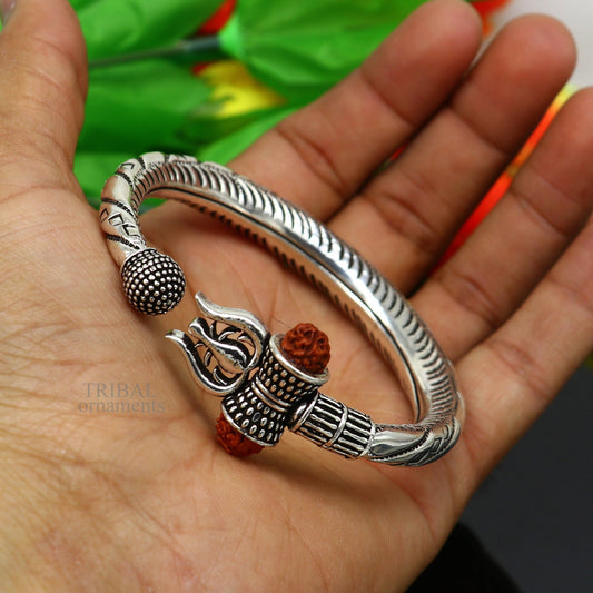 Bahubali kada 925 Sterling silver handmade Lord Shiva trident trishul bangle bracelet natural Rudraksha beads customized kada nsk447 - TRIBAL ORNAMENTS