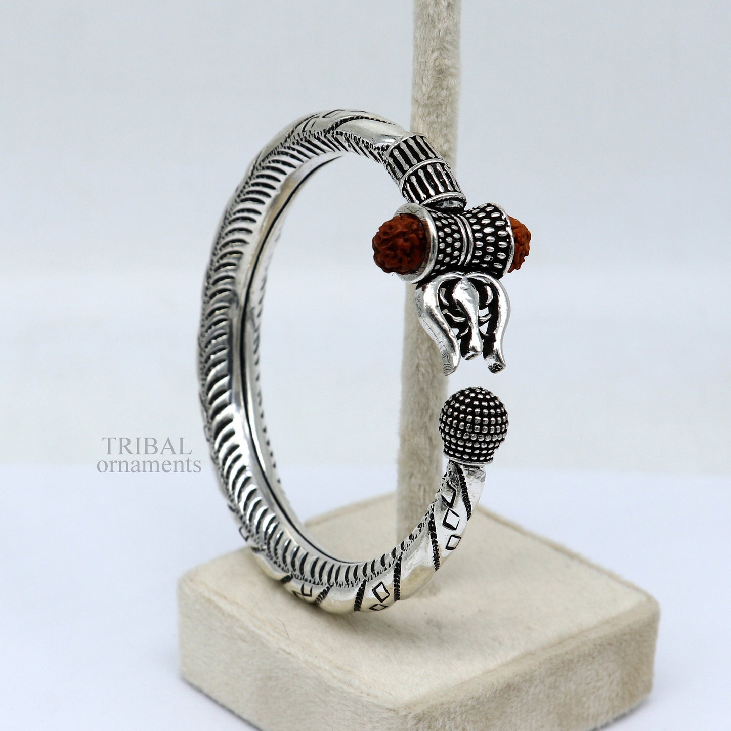Bahubali kada 925 Sterling silver handmade Lord Shiva trident trishul bangle bracelet natural Rudraksha beads customized kada nsk447 - TRIBAL ORNAMENTS