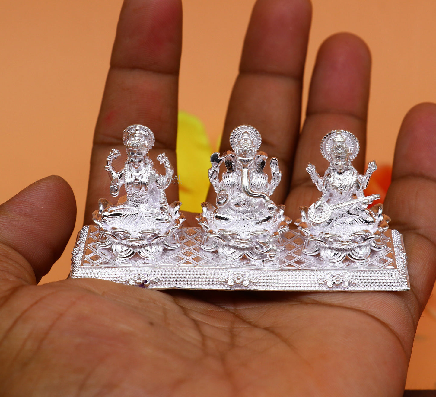 Combo Lakshmi Ganesha and Saraswati 925 Sterling silver puja article figurine statue, Diwali puja brings joy, hope, and wealth art725 - TRIBAL ORNAMENTS
