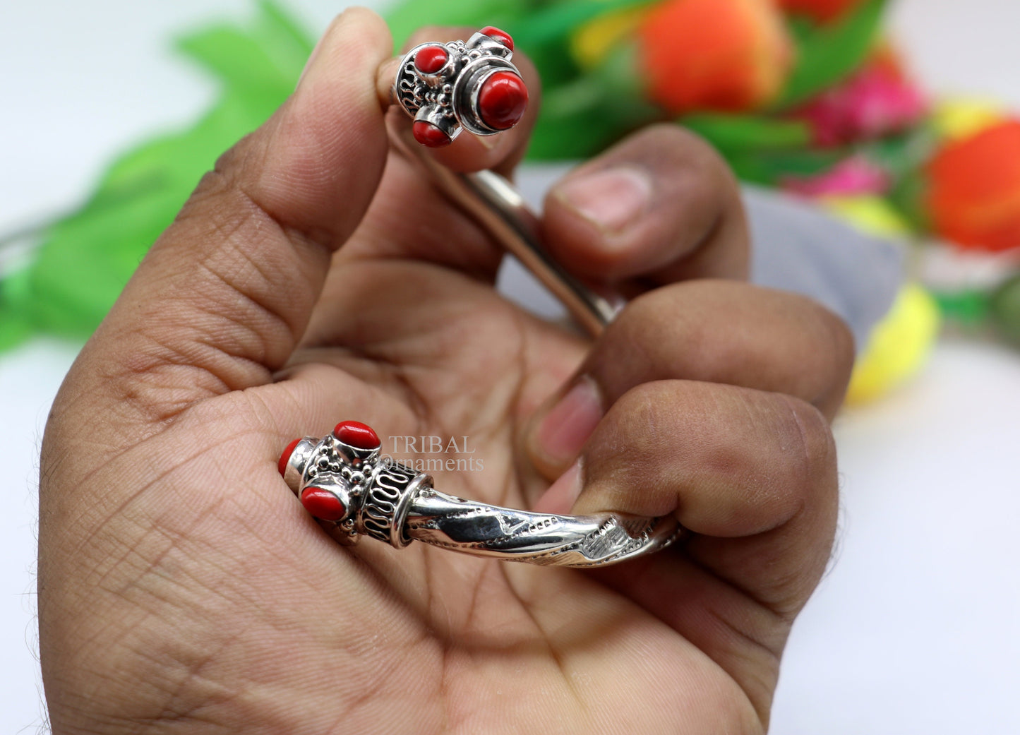 Designer 925 sterling silver handmade gorgeous red stone antique design bangle bracelet kada, fabulous wrist jewelry tribal jewelry nsk103 - TRIBAL ORNAMENTS