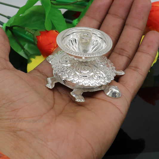 Diwali puja special solid silver handmade tortoise design oil lamp, silver deepak diya, silver temple utensils ,silver puja articles su415 - TRIBAL ORNAMENTS
