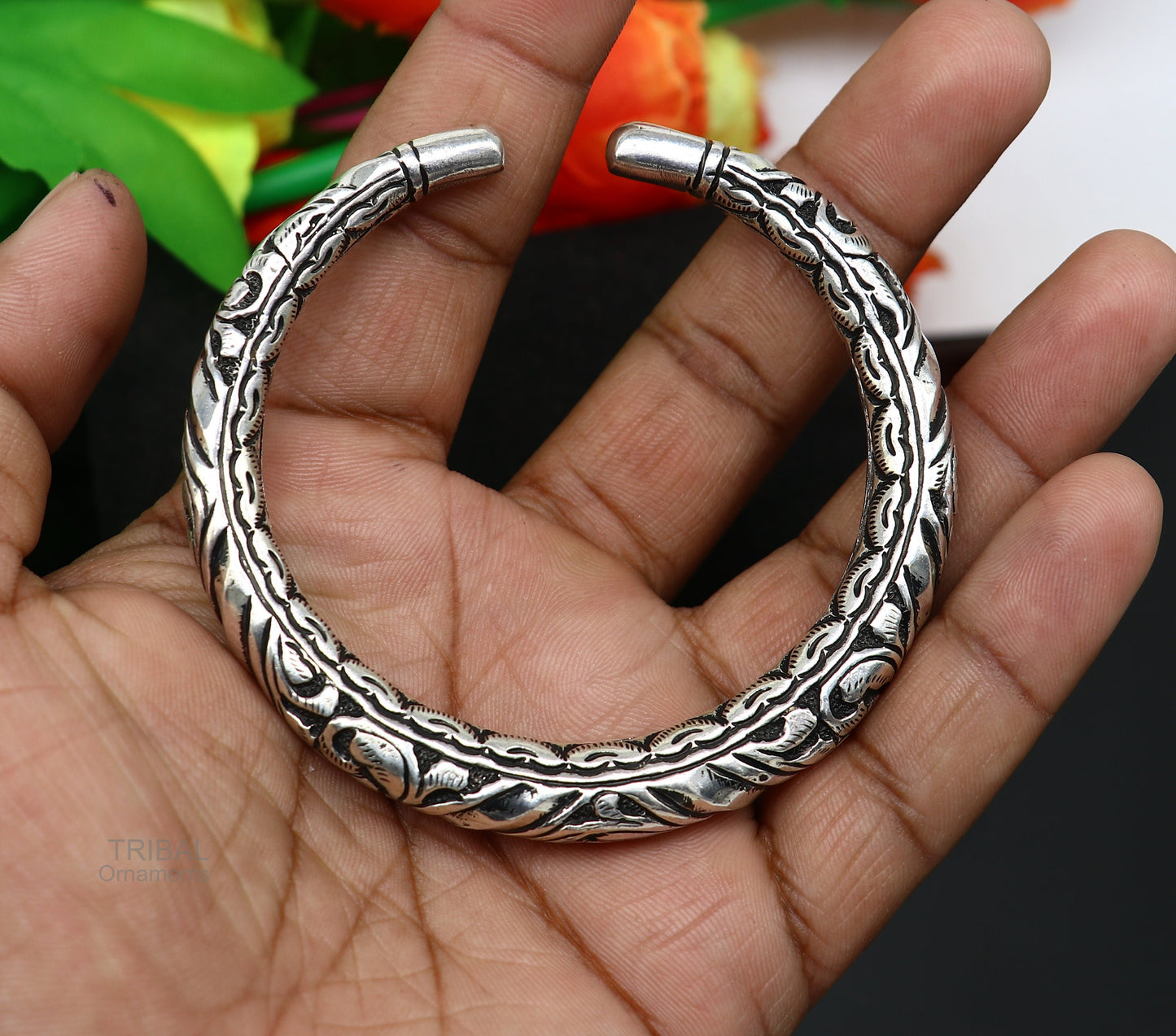 Elegant 925 Sterling silver handcrafted chitai work customized oxidized stylish vintage design bangle bracelet kada tribal jewelry nsk398 - TRIBAL ORNAMENTS