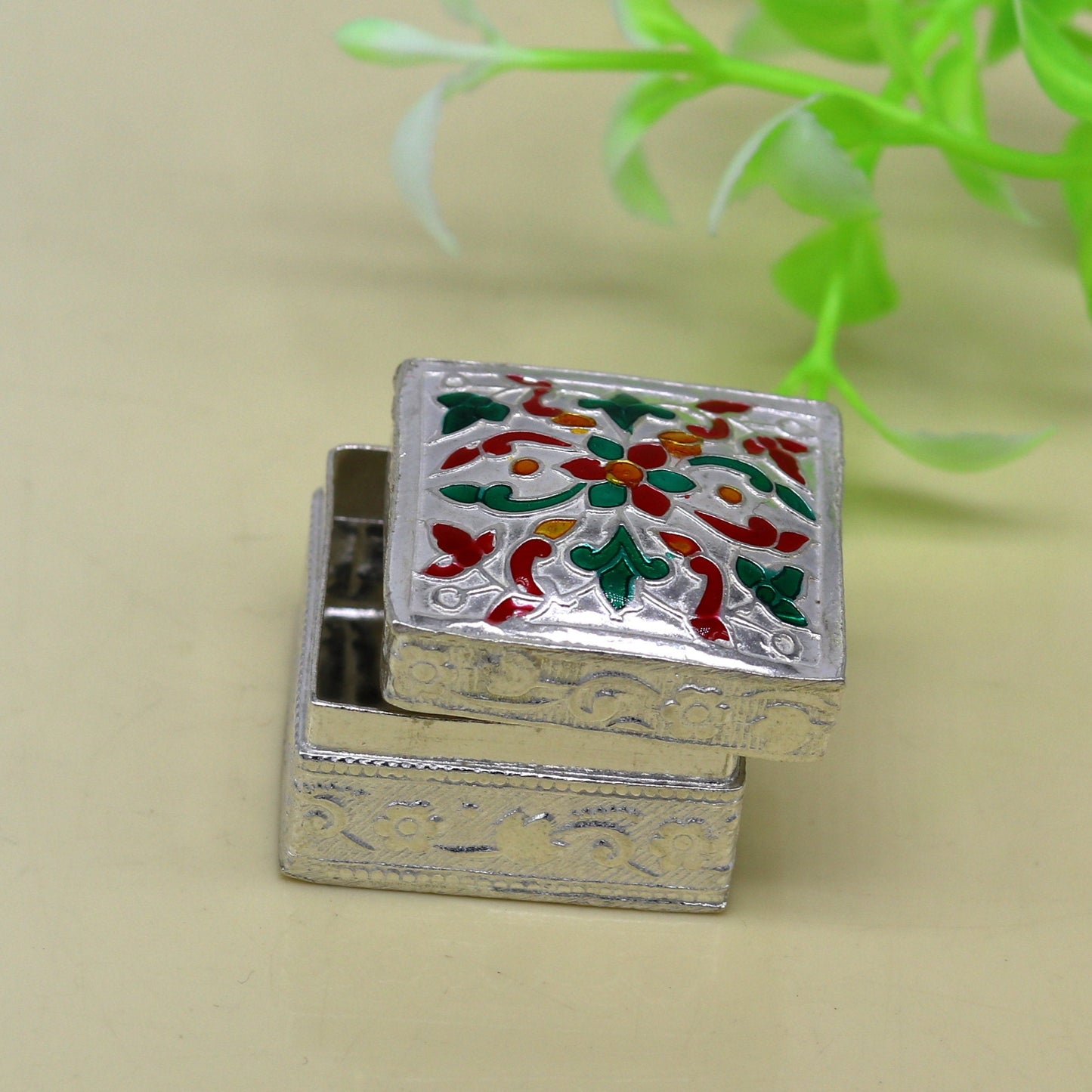 Enamel floral work square shape 925 solid silver utensils trinket box, casket box, container box, jewelry box, silver utensils, vessel stb50 - TRIBAL ORNAMENTS