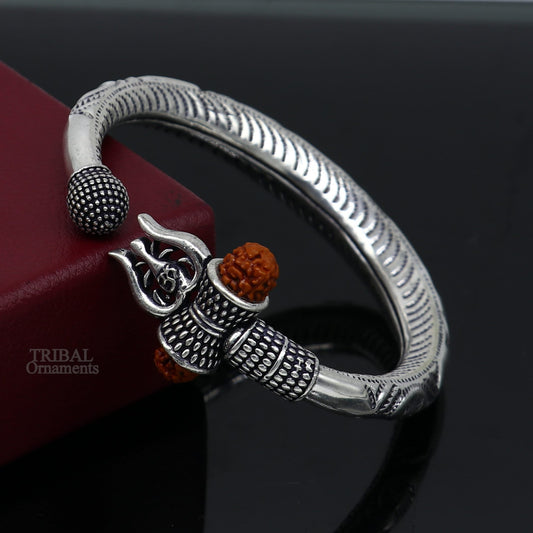 Exclusive 925 Sterling silver handmade chitai work Lord Shiva trident trishul bangle bracelet natural Rudraksha beads customized kada nsk441 - TRIBAL ORNAMENTS