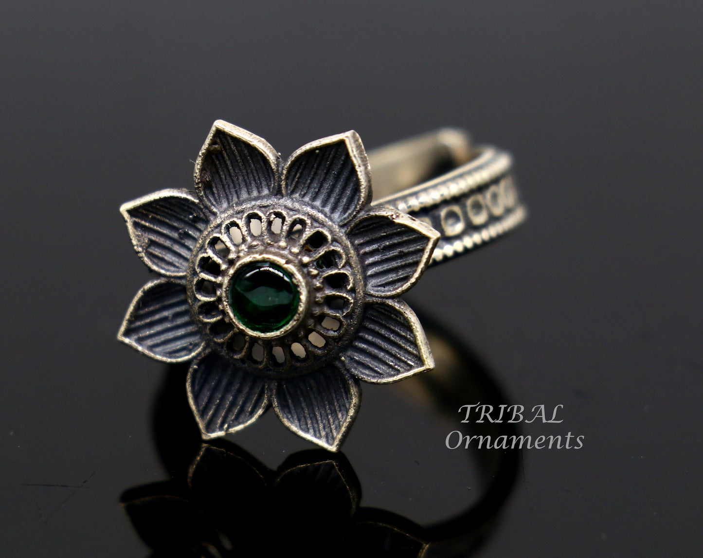 floral design 925 sterling solid silver fabulous craftsmanship vintage design tribal adjustable ring band for women Rajasthan India SR334 - TRIBAL ORNAMENTS