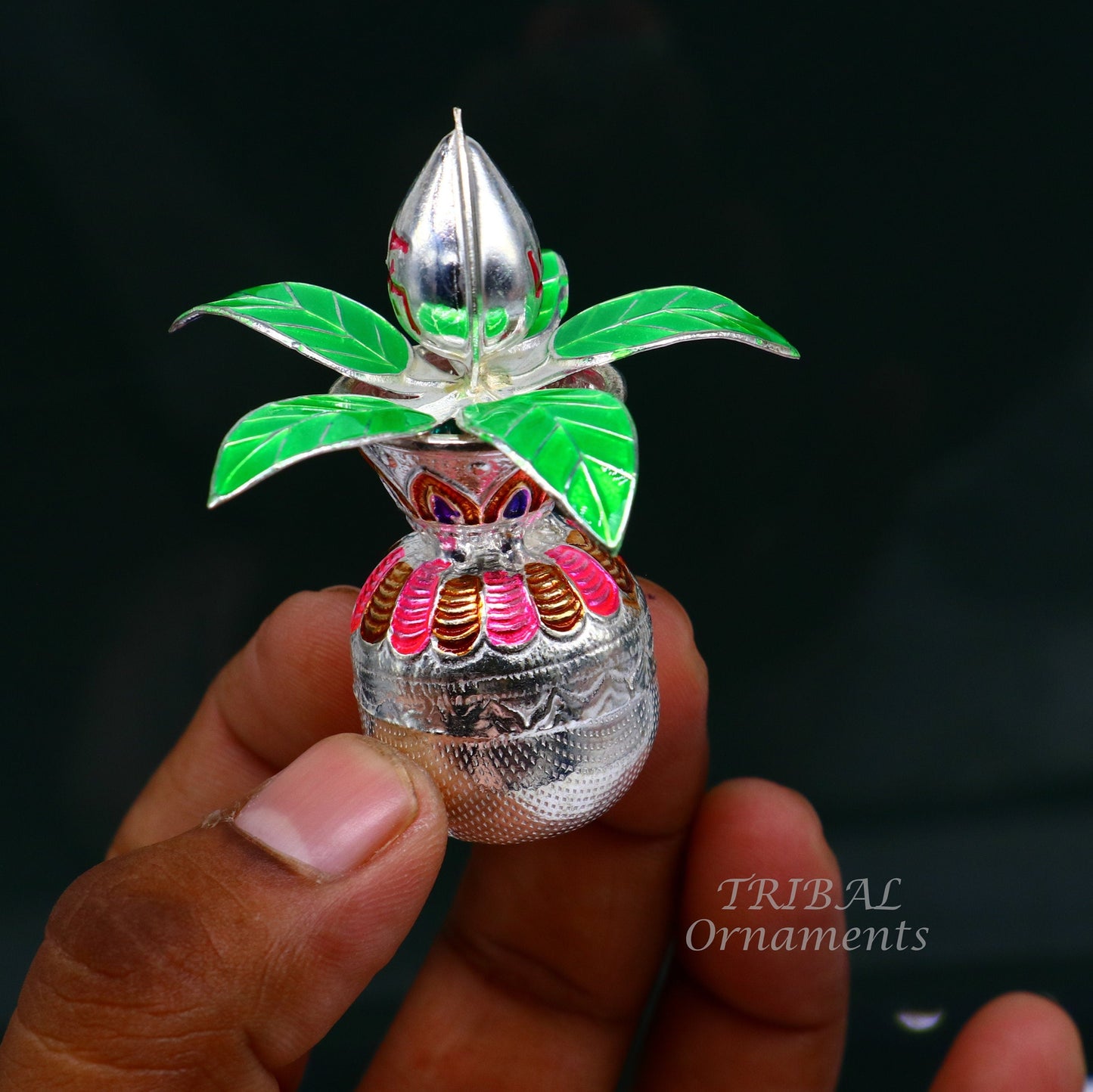 Gorgeous Sterling silver handmade vintage design puja kalash with silver coconuts and leaf, excellent home temple article worshipping su818 - TRIBAL ORNAMENTS