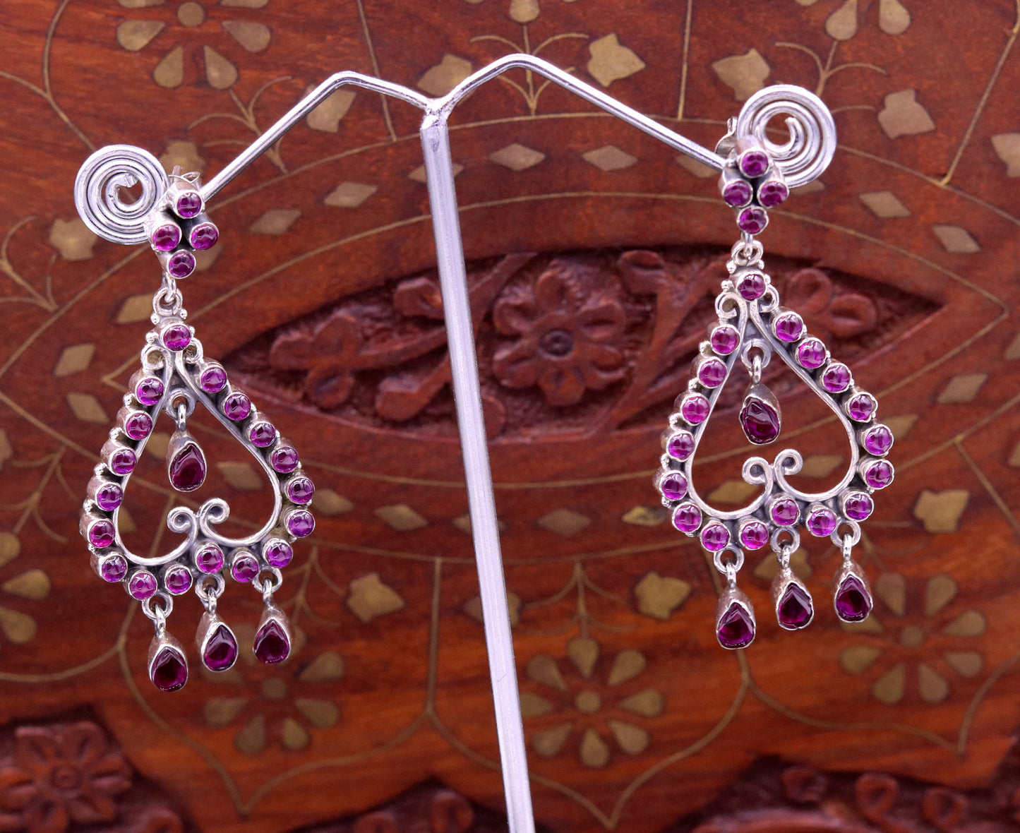 Handmade 925 sterling silver pretty attractive Red Gemstone drop dangle stud earring excellent vintage style girls party jewelry india s727 - TRIBAL ORNAMENTS