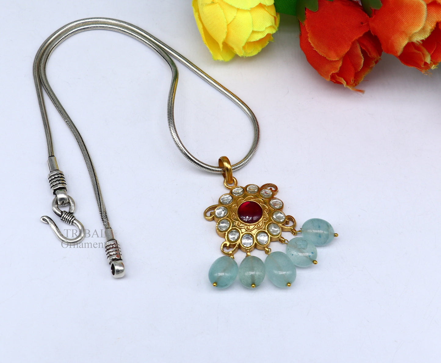 Handmade kundan work 925 sterling silver floral design pendant with gorgeous hanging aqua quartz stone, best gifting wedding jewelry ssp1506 - TRIBAL ORNAMENTS
