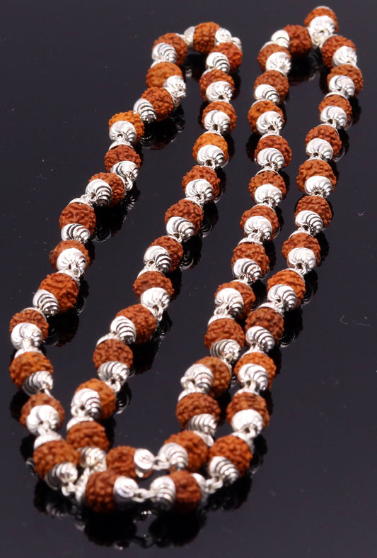 Handmade silver caps natural rudraksha bead chain necklace fabulous unisex silver jewelry awesome design - TRIBAL ORNAMENTS