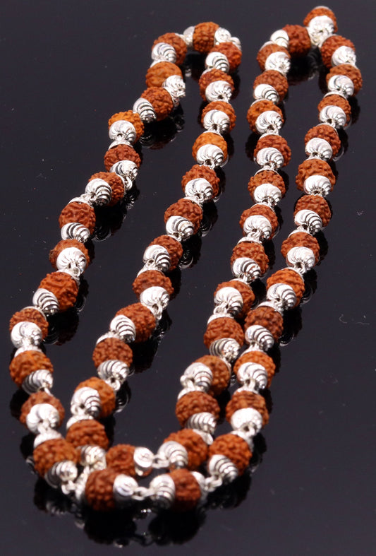 Handmade silver caps natural rudraksha bead chain necklace fabulous unisex silver jewelry awesome design - TRIBAL ORNAMENTS