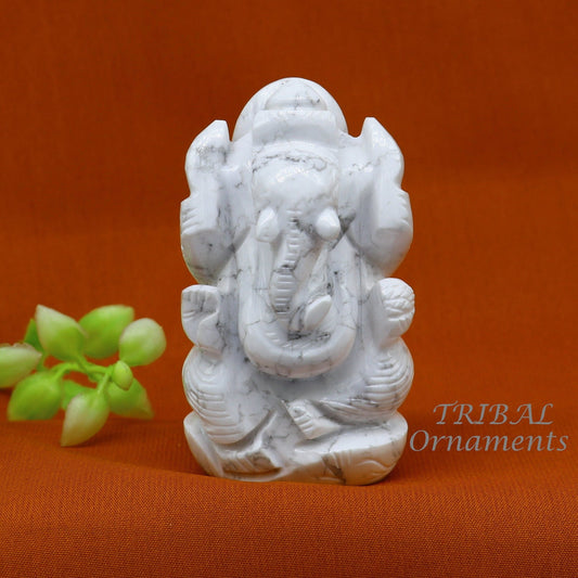 Idol Ganesha handcrafted Natural howlite stone statue figurine, home temple God Ganesha stone sculpture for wealth and prosperity stna04 - TRIBAL ORNAMENTS