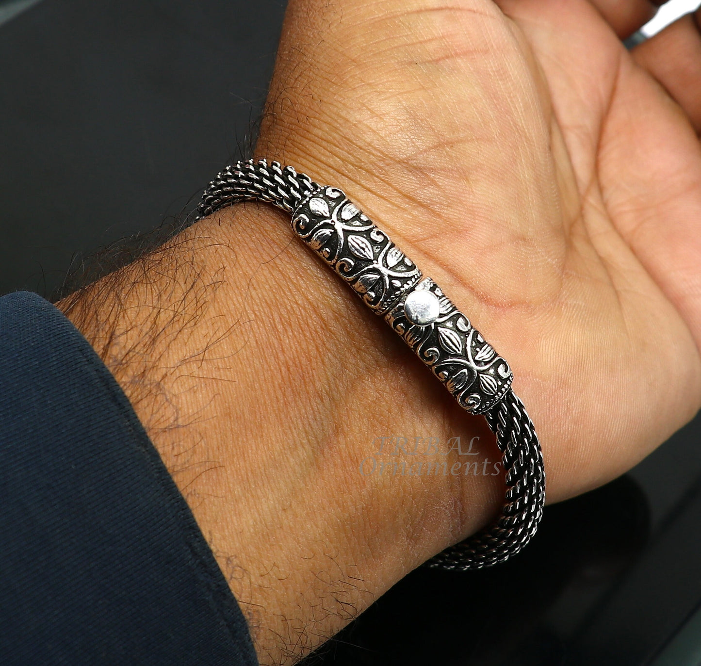 Indian ethnic style men's bracelet with divine mouse design in 925 sterling silver, featuring tribal ornaments jewelry.