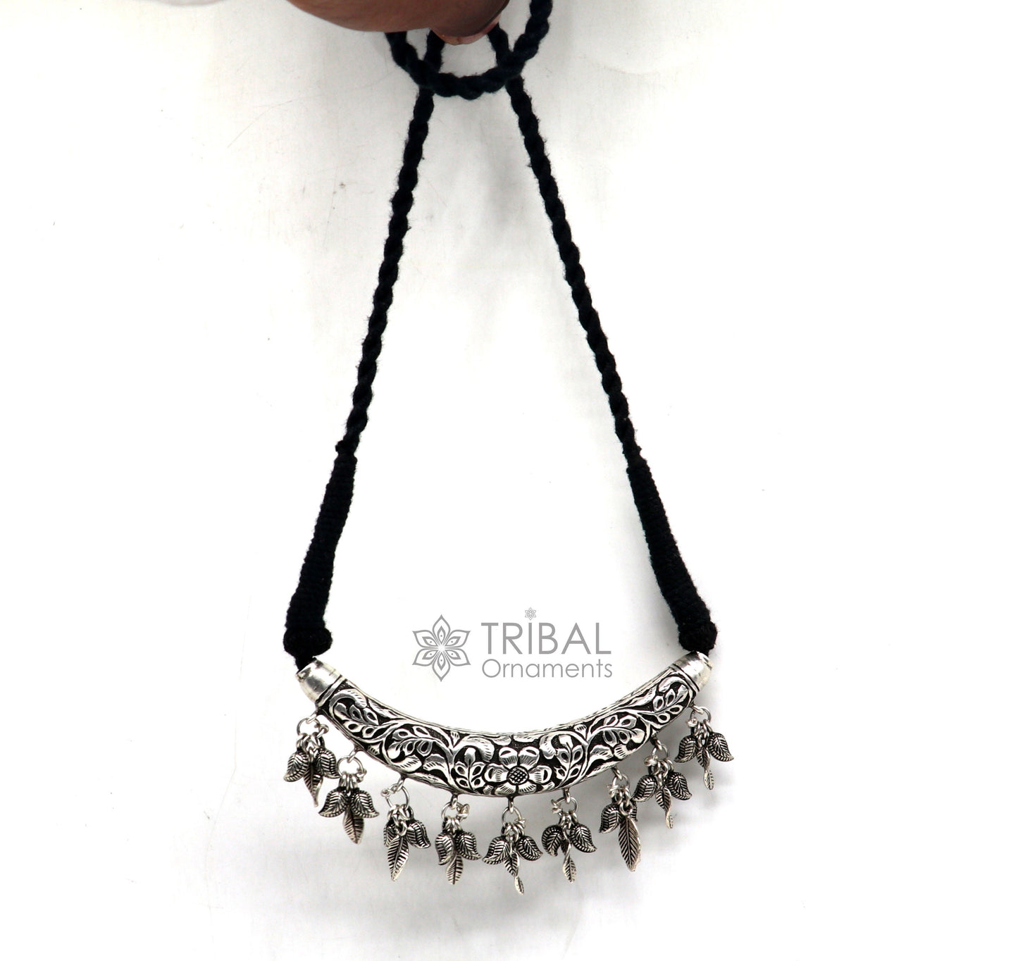 Indian traditional cultural style trendy 925 sterling silver customized kandrai work charm necklace, hasali, choker tribal jewelry set586 - TRIBAL ORNAMENTS