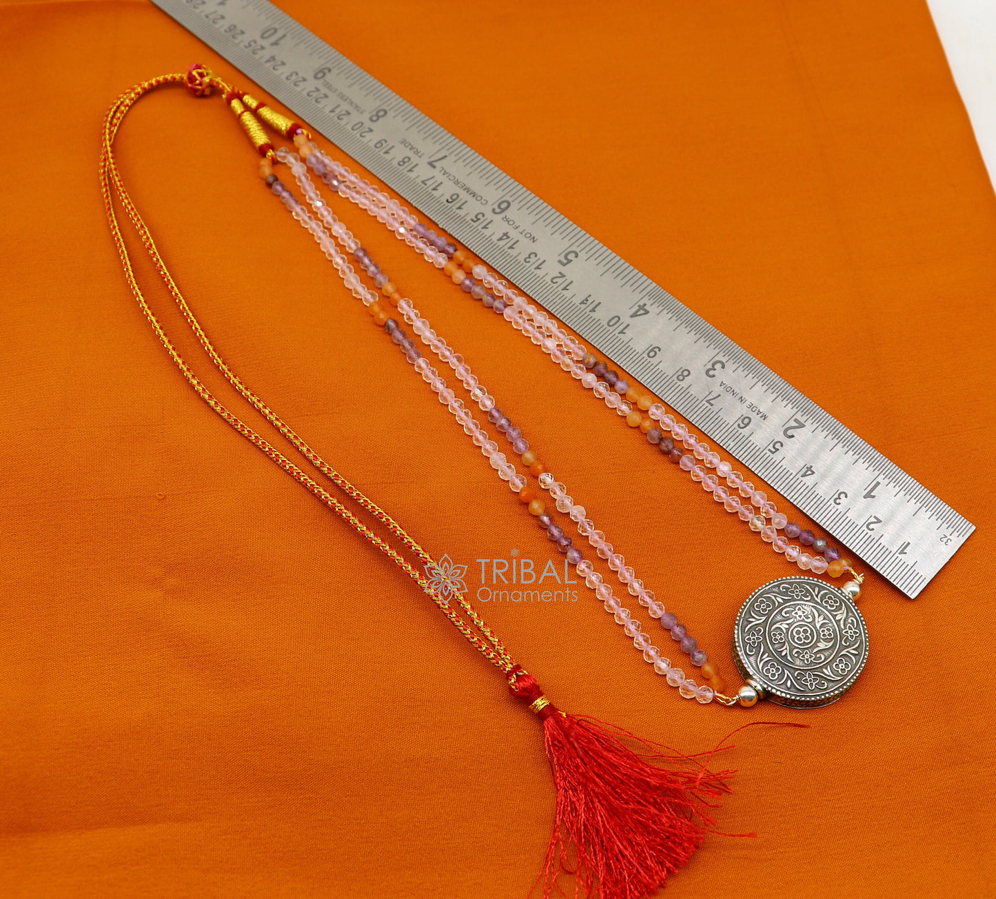 Tribal Ornaments Indian traditional multicolor stone beaded silver necklace choker with ethnic tribal design.