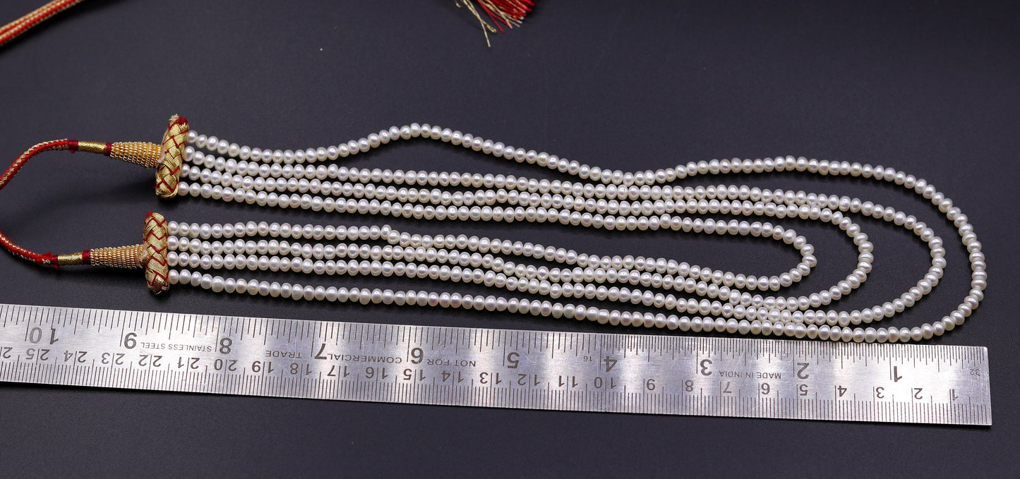 Natural real pearl 4mm layered necklace set from Tribal Ornaments, ideal for wedding or daily jewelry, featuring four-line string design.